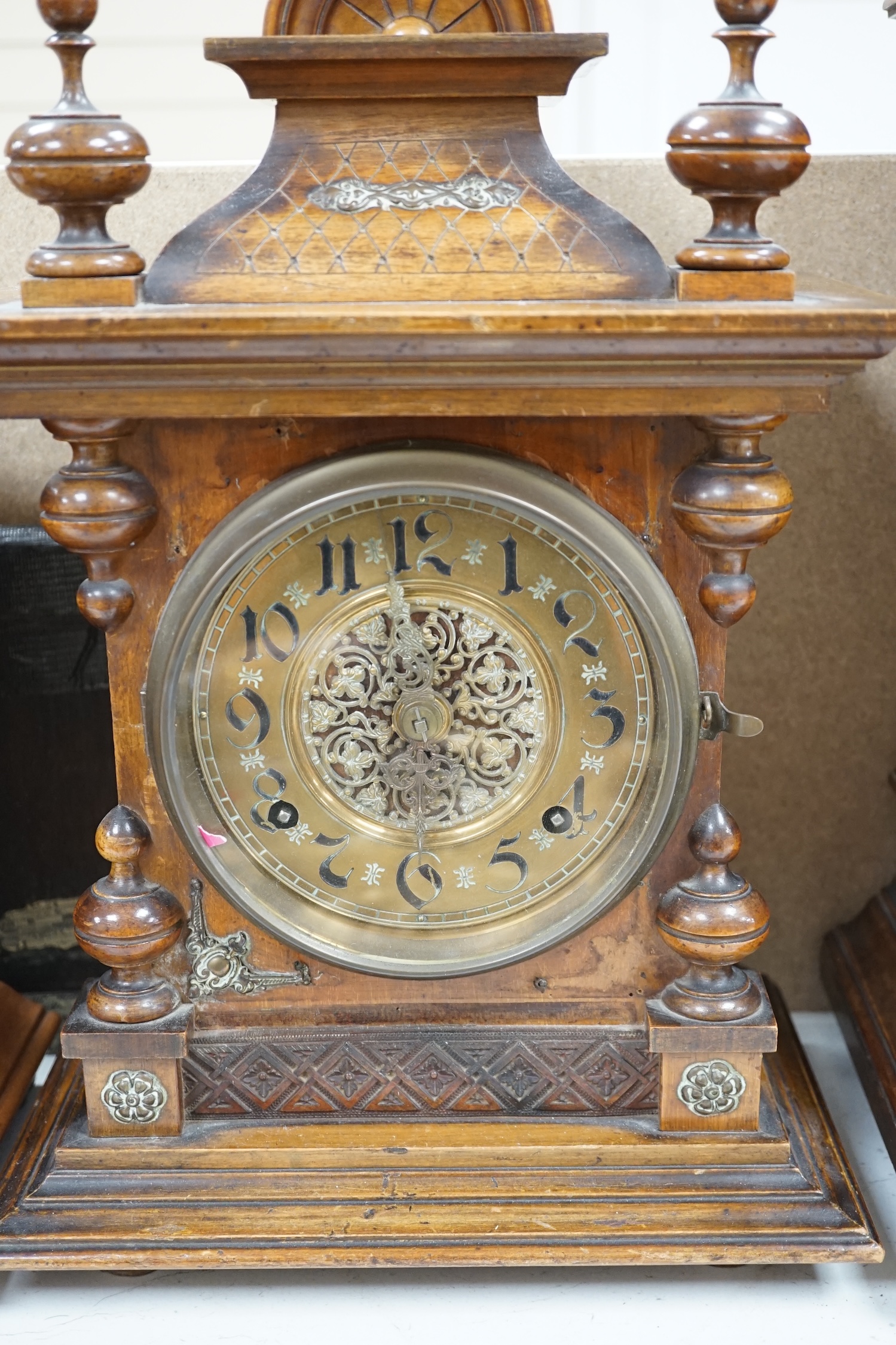 Three various late 19th century mantel clocks, tallest 50cm. Condition - fair. Not tested as working